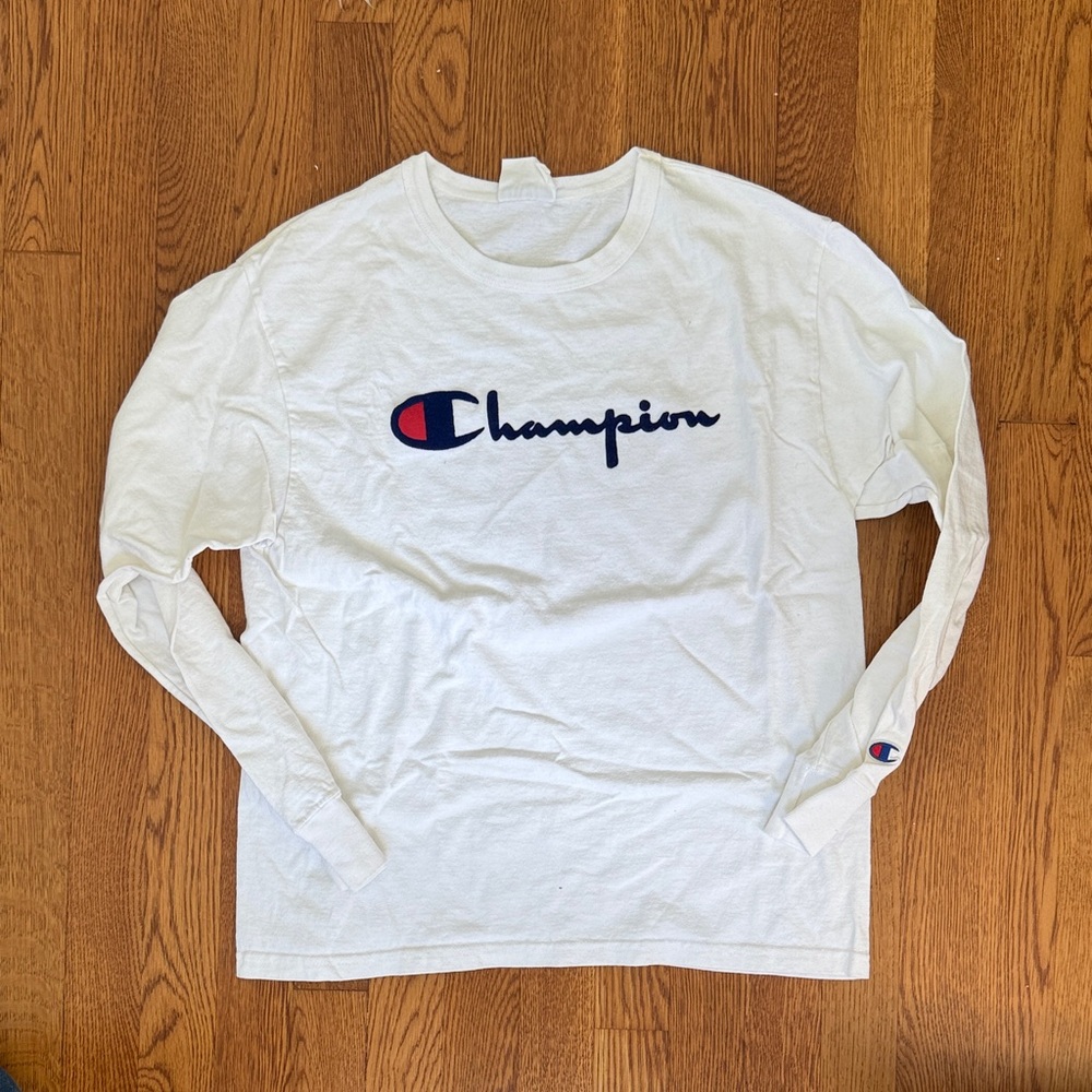 Champion White Long Sleeve Shirt with Navy & Red Logo